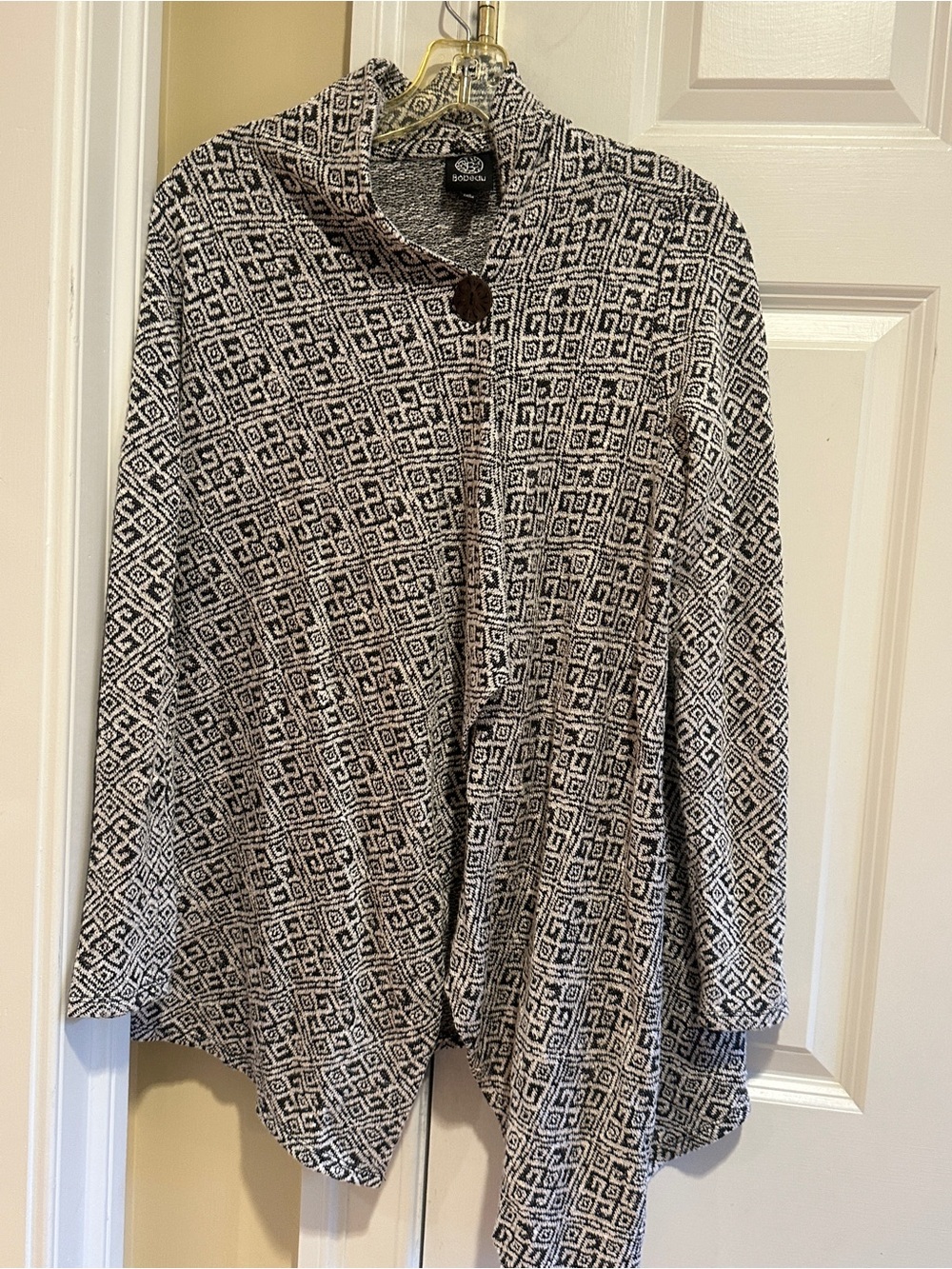 Bobeau Size S Black Cream Geometric Draped Cardigan Asymmetrical Sweater